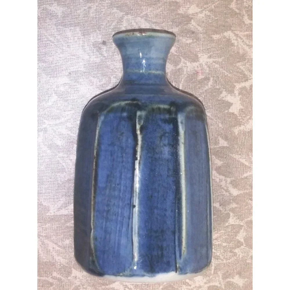 Ikebana Bottle Vase Japanese Mashiko Ware blue Glaze octagon unique HTF ?VTG